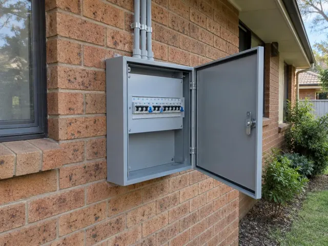 Open metal switchboard cabinet on a brick exterior wall with circuit breakers visible in Cameron Park
